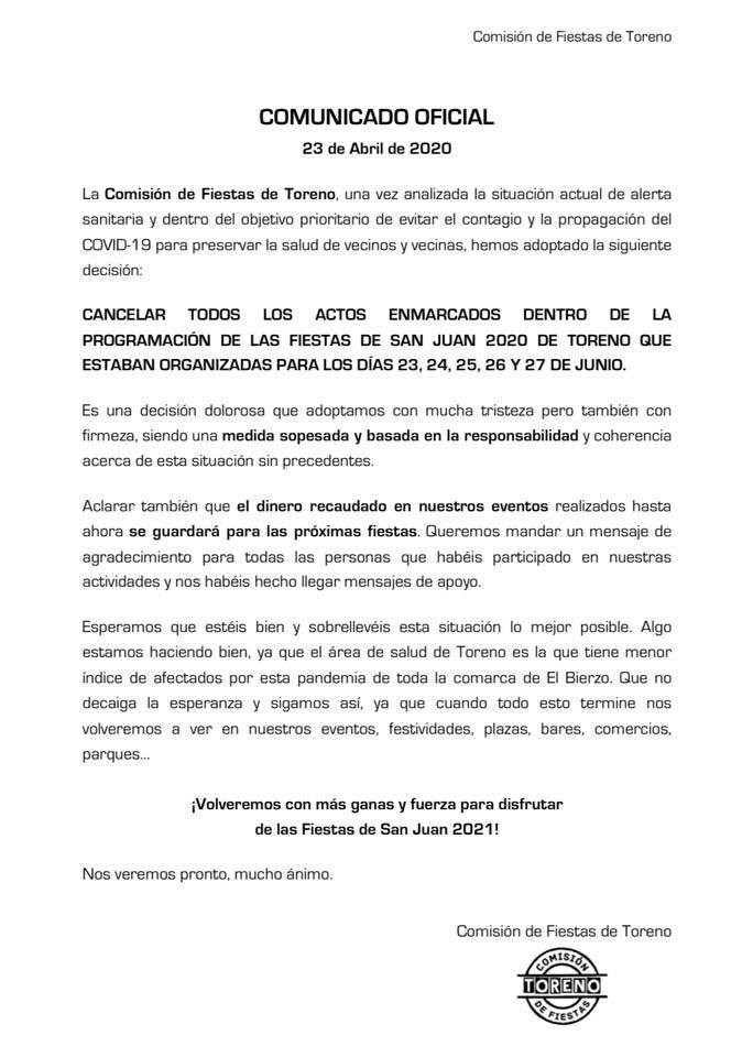 La Comisión de fiestas de Toreno anuncia la cancelación de San Juan 2020 2