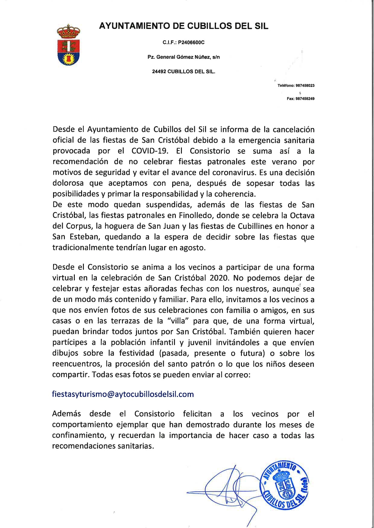 Cubillos del Sil confirma la cancelación de las fiestas de San Cristobal 2020 y plantea un brindis virtual que quedará reflejado en un álbum 2