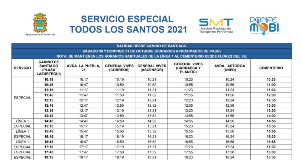 Ponferrada informa del servicio especial de autobuses de cara a la festividad de Todos los Santos 2