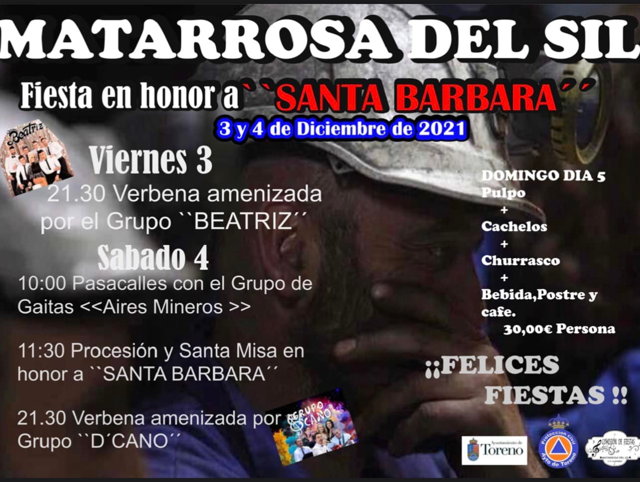Matarrosa del Sil celebra fiesta en honor a Santa Bárbara los próximos 3, 4 y 5 de diciembre 2