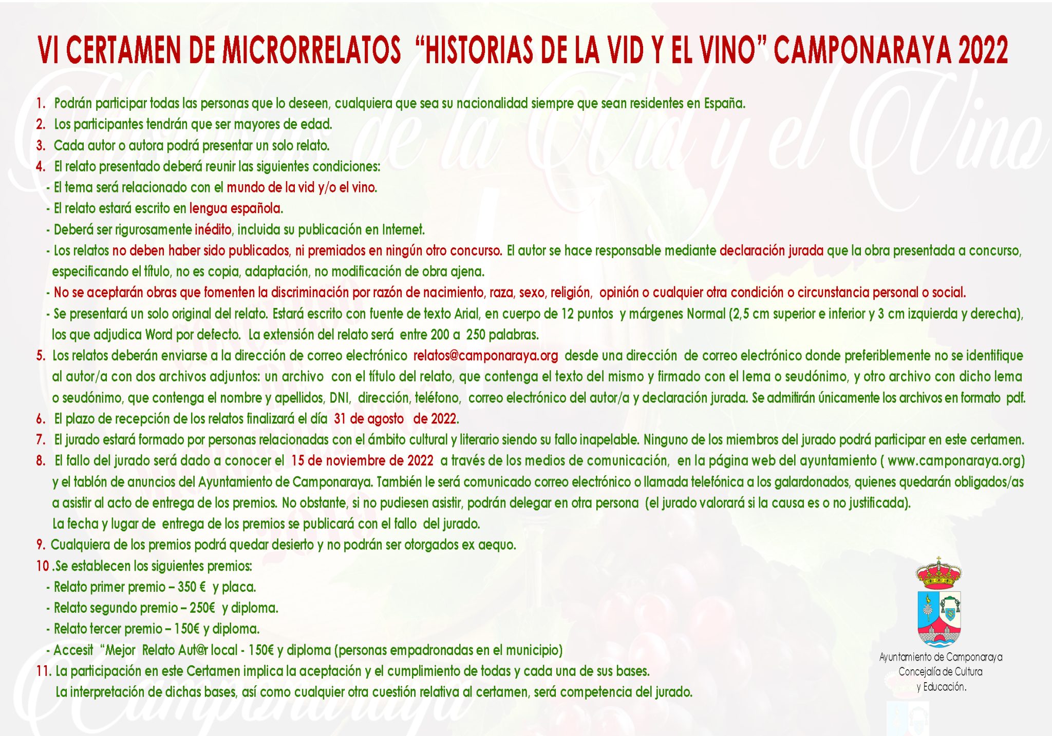 El Ayuntamiento de Camponaraya convoca la sexta edición del Certamen de Microrrelatos ‘Historias de la Vid y el Vino’ 2