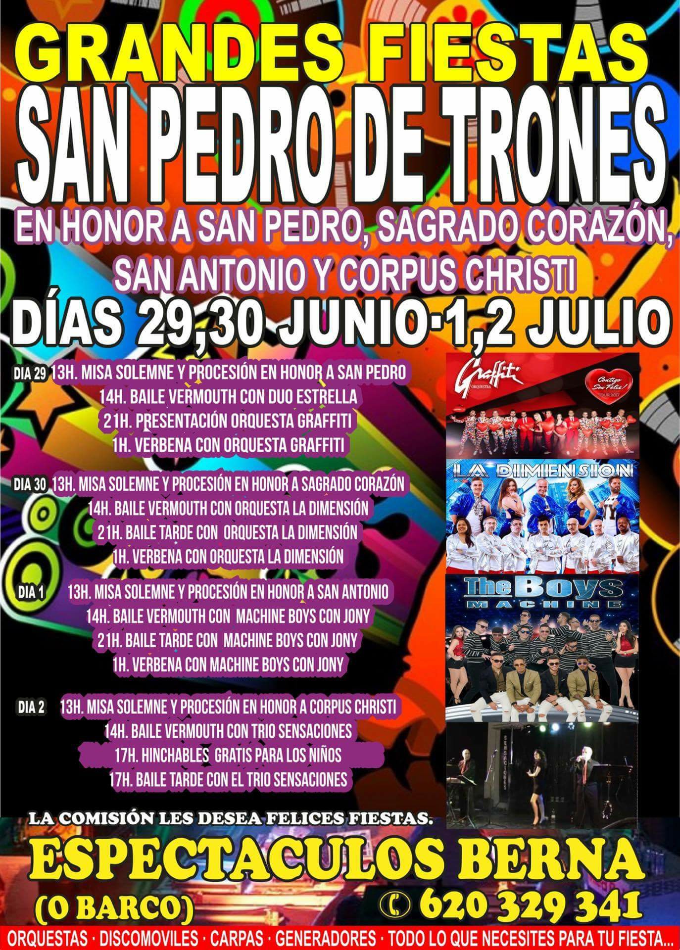 Grandes Fiestas en San Pedro de Trones 2022 en honor a San Pedro, Sagrado Corazón, San Antonio y Corpus Christi. 29 de junio al 2 de julio 2