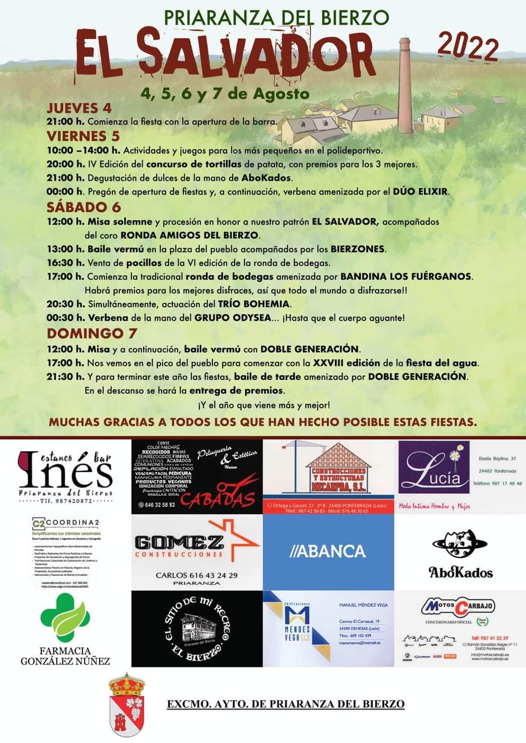 Grandes Fiestas en honor a el Salvador en Priaranza del Bierzo. Programa de actividades del 4 al 7 de agosto 2