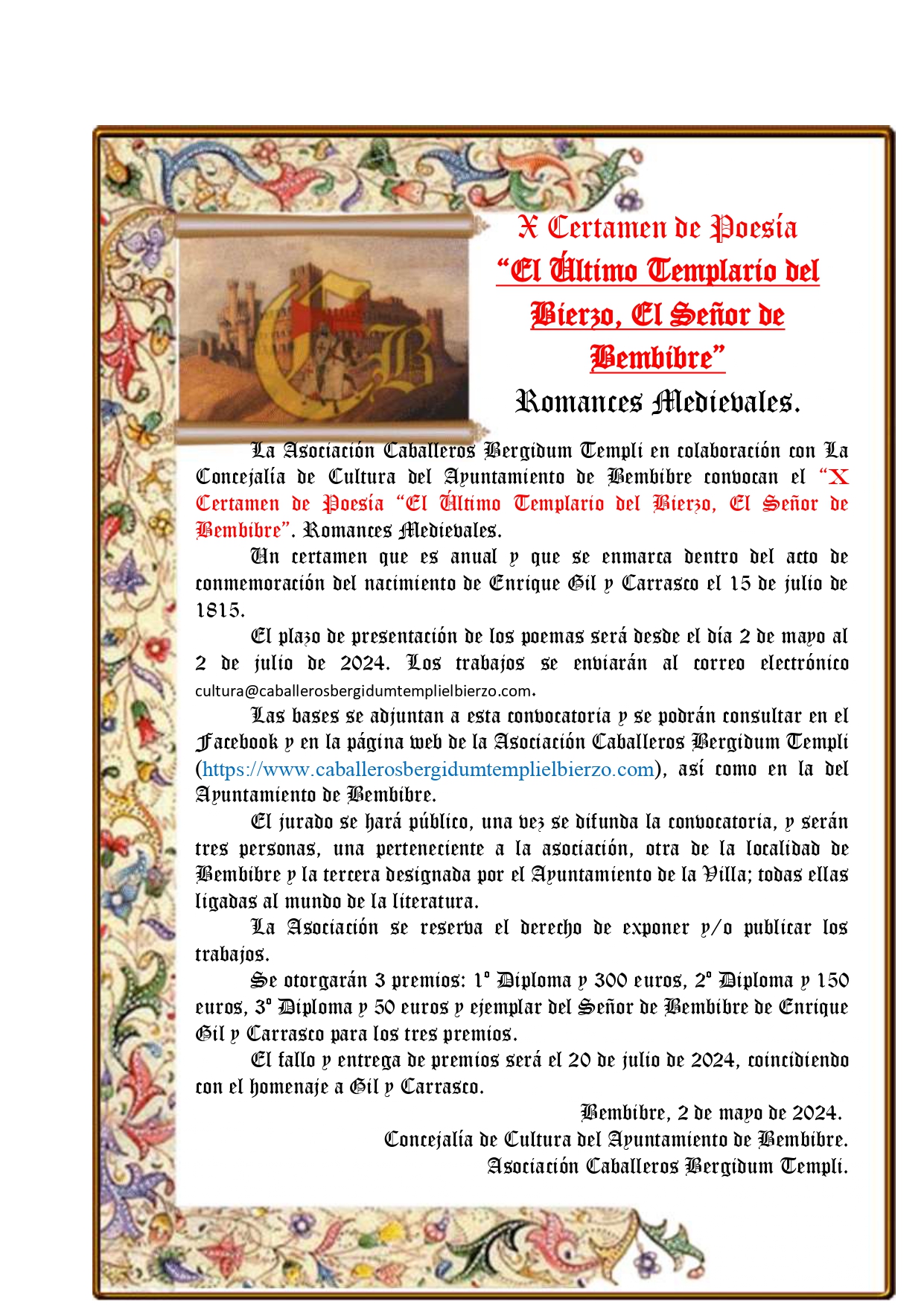 La asociación "Caballeros Bergidum Templi" convoca el X Certamen de Poesía "El último templario del Bierzo, el Señor de Bembibre" 54