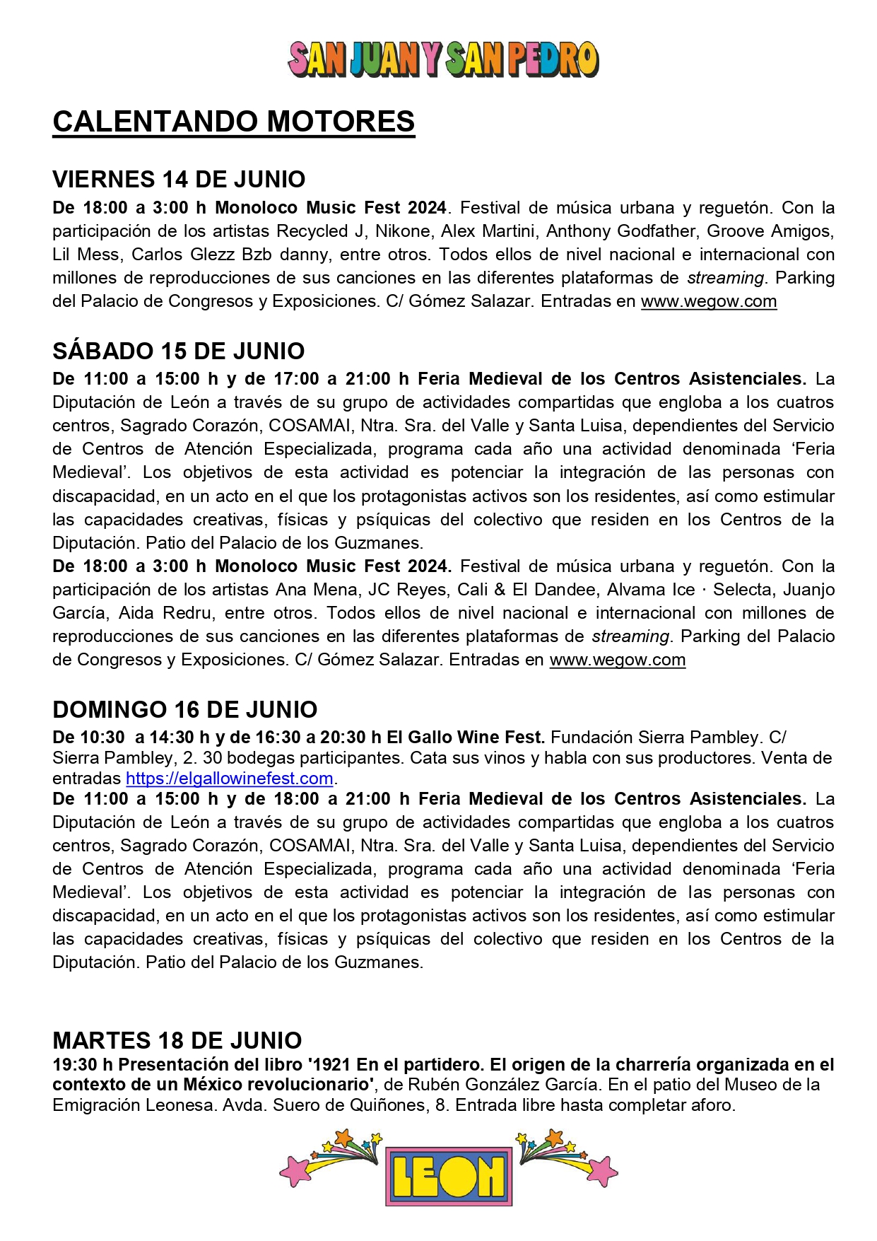 Programa de Fiestas San Juan y San Pedro en León, conciertos, deportes y todas las actividades 5