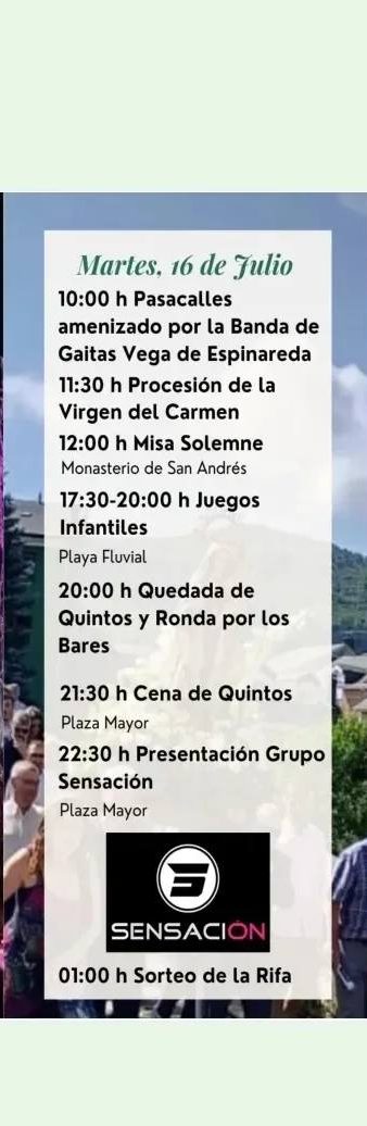 Programa de Fiestas del Carmen en Vega de Espinareda del 12 al 16 de julio, Azúcar Moreno, encuentro de peñas y más 6