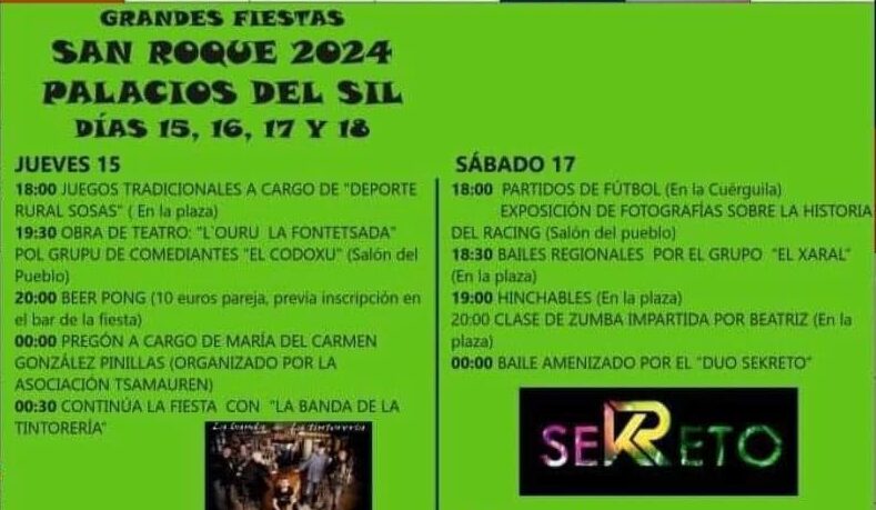 Grandes Fiestas en Palacios del Sil en honor a San Roque los días 15, 16, 17 y 18 de agosto 1